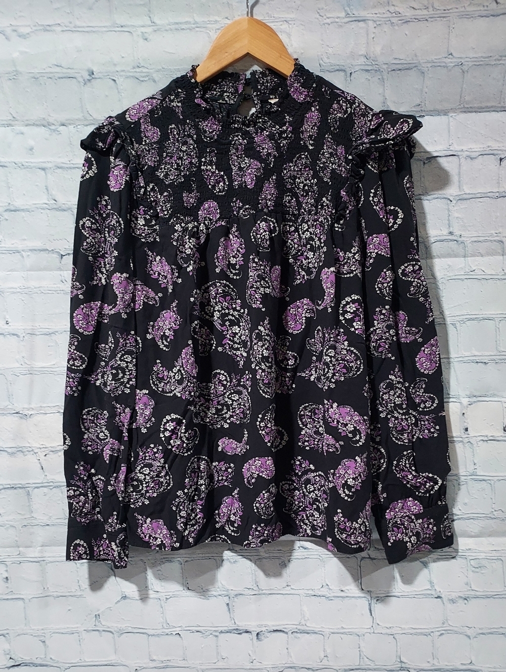 Loft Medium Peasant Top Prairie Blouse Mock Neck Paisley Long Sleeve Office